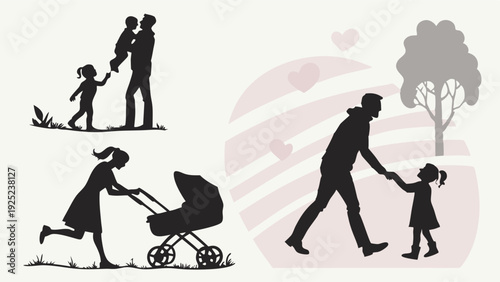 Fatherhood and Motherhood Silhouettes Walking with Children and Pushing Stroller for Family Care Web Design or Parenting Blog Graphics
