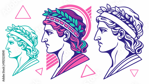 Retro Vaporwave Greek Statue Head Set for Aesthetic Web Design and Vintage T-Shirt Print Graphics