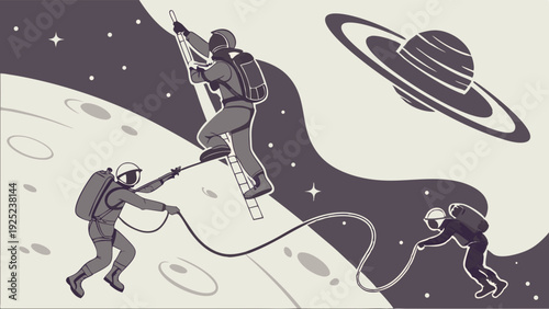 Astronauts Climbing Moon Surface Ropes Near Saturn Rings for Space Exploration Website Banner or Science Presentation Background
