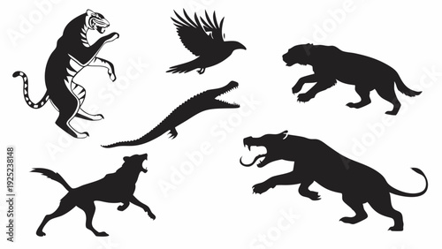 Fierce Predator Silhouettes Tiger Crocodile Wolf Raptor Jungle Animal Icons for Wildlife Design Projects