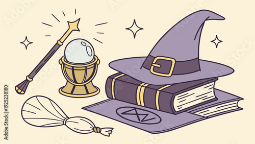 Mystical Witchcraft Elements Stacked Books Crystal Ball Magic Wand for Occult Design Projects