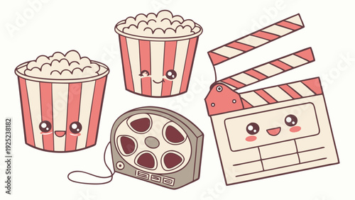 Cute Kawaii Movie Night Icons Popcorn Film Reel Clapperboard Fun Cinema Entertainment Design Element