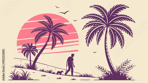 Tropical Sunset Walk Man Dog Silhouette Palm Trees Vacation Travel Background Illustration for Summer Relaxation