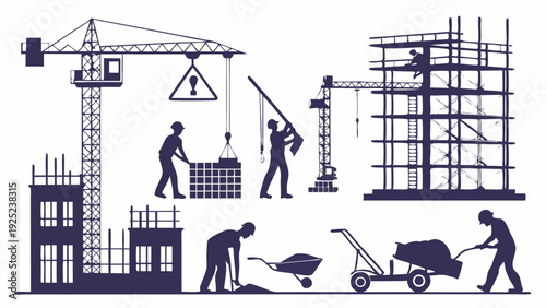 Construction Site Silhouettes Workers Building Structure with Cranes and Scaffolding for Development Projects