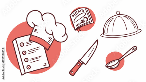 Chef Hat Menu Checklist Knife Spoon Cloche for Restaurant Menu Design Recipe Book Kitchen Service Promotion