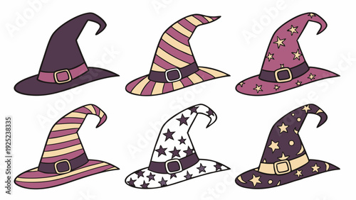 Six Colorful Witch Hats Collection For Halloween Party Decoration Spooky Holiday Design Elements
