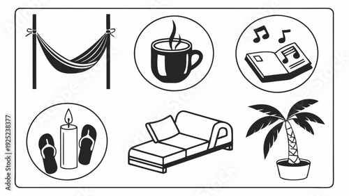 Relaxation Icons Set Hammock Candle Music Palm Tree for Spa Hotel Vacation Wellness Website Design