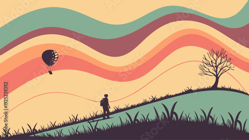 Wanderlust Hiker Ascending Grassy Hill Under Retro Sunset Sky with Hot Air Balloon Travel Adventure