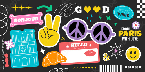 Paris travel stickers collage with croissant, peace sign and retro pop art icons, colorful souvenir badge illustration inspired by France