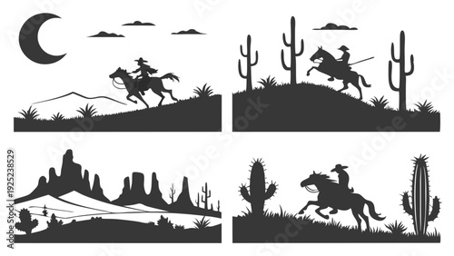 Wild West Cowboy Silhouette Set Horseback Riding Desert Landscape for Western Themed Design Projects Adventure Travel