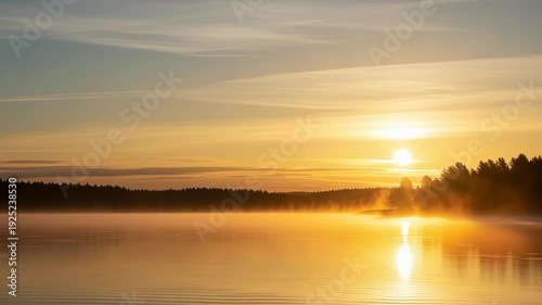 Serene Lake Landscape at Sunrise with Mist over Water and Golden Sunlight Reflection.