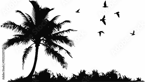 Serene tropical landscape with palm trees and birds in flight