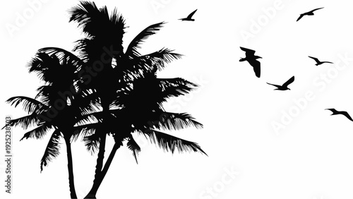 Tropical palm trees with birds flying overhead in sunny landscape