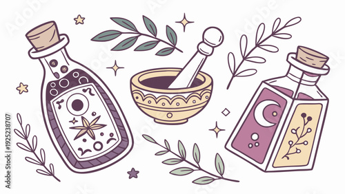 Witchcraft Potion Bottles Mortar Pestle Herbs for Occult Magic Branding Packaging Design Mystical Apothecary