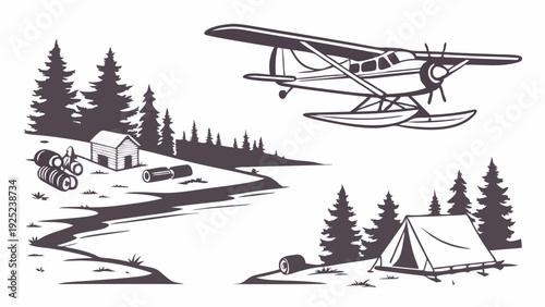 Seaplane Landing Near Wilderness Campsite Adventure Travel Tourism Vacation Outdoor Recreation Forest Lake Camping Illustration