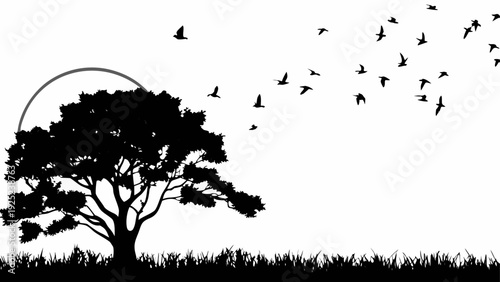 Serene landscape with tree and birds in flight