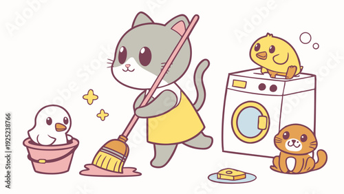 Cute Cat Cleaning House with Adorable Baby Chicks for Household Chores and Pet Care Website Design