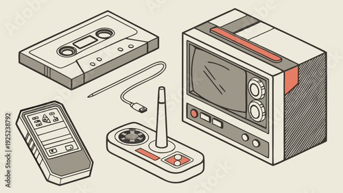 Retro Gaming Console Joystick Cassette Player TV Isometric Illustration for Nostalgia Web Design and 80s Themed Advertising Projects