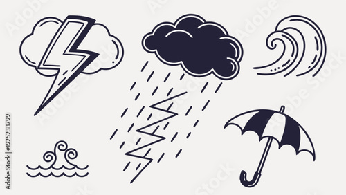Hand Drawn Weather Icons Set for Meteorology Forecast Design App Interface Summer Storm Safety Guide