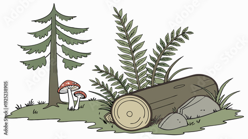 Rustic Forest Scene with Fallen Log Pine Tree Ferns and Mushrooms for Nature Ecology or Camping Website Design Background