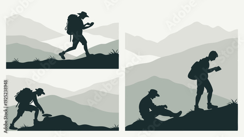 Hikers Backpacking Silhouettes Navigating Mountain Trails for Adventure Travel Web Design and Outdoor Recreation Guides