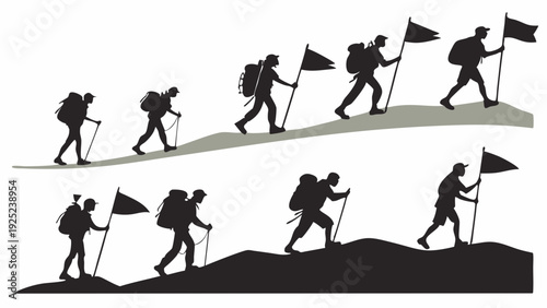 Hikers Climbing Uphill with Backpacks and Flags Symbolizing Achievement Success and Goal Reaching Journey