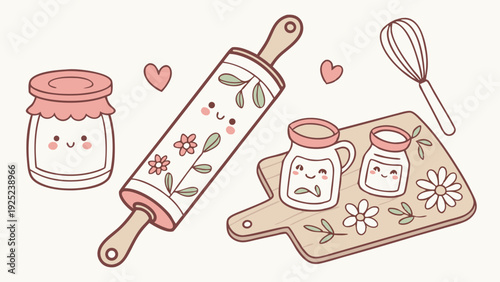 Cute Kawaii Baking Tools and Jars Illustration for Sweet Bakery Branding and Recipe Blog Design