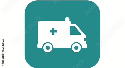 White ambulance icon on a teal background, representing emergency medical services.