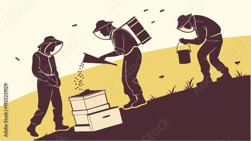 Beekeepers Working on Apiary Hillside Feeding Bees Honeycomb Production for Sustainable Agriculture Web Design