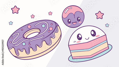 Kawaii Pastel Sweets Donut Cake Dessert Vector Illustration for Cute Cafe Menu Design and Sweet Treat Promotion