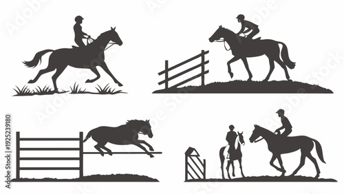 Equestrian Silhouette Set Horseback Riding Jumping Fences for Sports Club Logo Design or Outdoor Recreation Web Graphics
