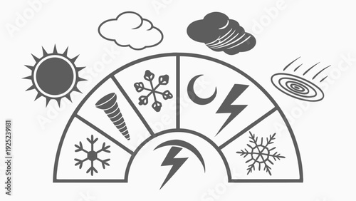 Weather Forecast Gauge Meter Icons Showing Sun Snowstorm Tornado Lightning Clouds for Meteorology App Design