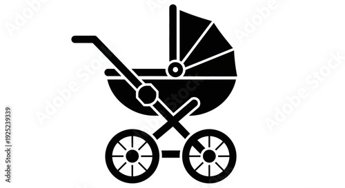 Baby stroller icon in solid black style, pram silhouette illustration, newborn transport symbol, childcare equipment graphic, simple flat design, parenting and infant care concept, minimal vector icon