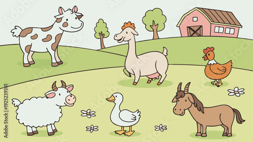 Cute Cartoon Farm Animals Grazing in Sunny Green Pasture for Children's Book Illustration or Educational Website Design