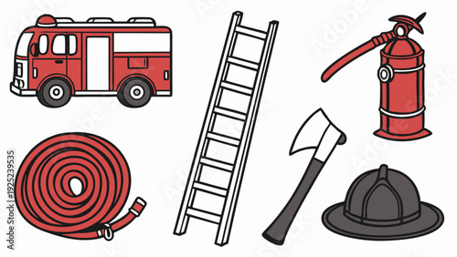 Firefighter Equipment Icons Set Fire Truck Hose Ladder Axe Helmet Extinguisher for Safety Education Design