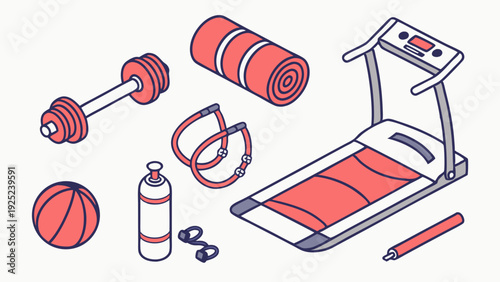 Isometric Fitness Equipment Collection Treadmill Dumbbell Yoga Mat for Health Wellness Website Design or Sports App Promotion