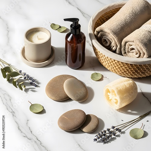 Spa and wellness flat lay with natural products: candle, lotion bottle, rolled towels, smooth stones, loofah sponge, lavender, and eucalyptus on white marble.