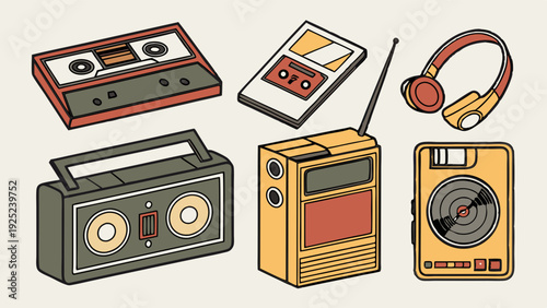 Retro Audio Gear Collection Cassette Player Boombox Radio Headphones for Nostalgic Music Design Projects
