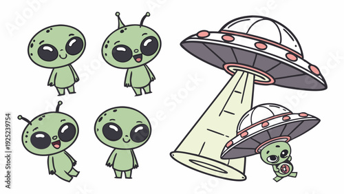 Cute Green Alien Characters and UFO Spaceship Abduction Scene for Fun Kids Web Design or Party Invitations