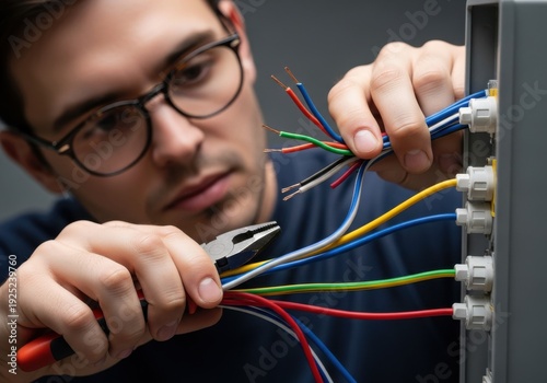 Skilled Electrician Connecting Colorful Wires in an Electrical Panel for Modern Home Automation and Smart Technology Installation.