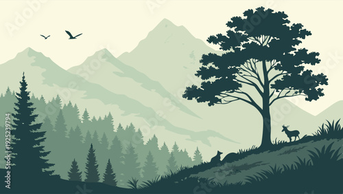 Serene Mountain Landscape with Layered Forest Silhouette for Nature Travel Web Design or Environmental Branding Calm Mood