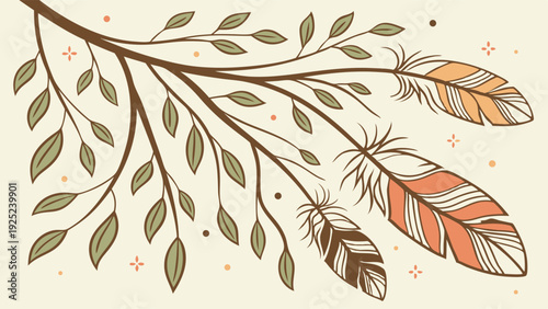 Rustic Branch with Autumn Feathers for Boho Nature Branding Spiritual Wellness Blog Design Elements