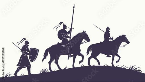 Silhouetted Medieval Knights on Horseback Advancing Uphill for Historical Epic Adventure or Fantasy Game Design