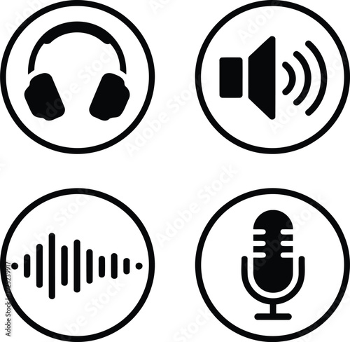 Four icons representing audio equipment and sound features in a digital interface