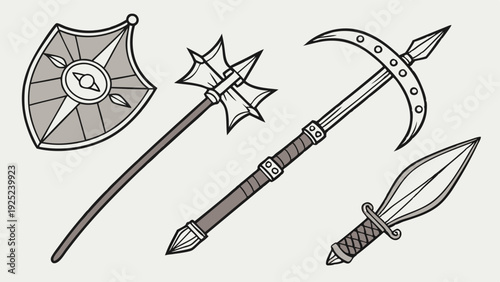 Medieval Fantasy Weapon Set Shield Mace Pickaxe Dagger for Game Design RPG Assets Adventure Combat Illustration