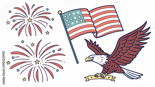 Patriotic Fourth of July Celebration Design Elements Fireworks Eagle Flag for Holiday Advertising and Web Banners