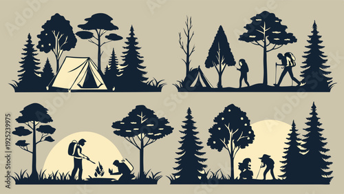 Camping Hiking Silhouettes Set Outdoor Adventure Travel Icons for Summer Vacation Web Design and Nature Brochures