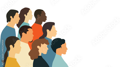 Group of diverse people standing side by side. Diverse personalities, community, meeting. Colorful minimal illustration, for an article, banner, poster. 
