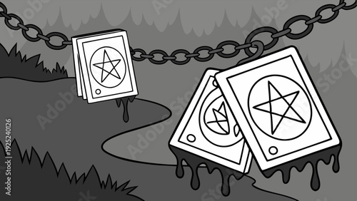 Occult Tarot Cards Dripping Black Liquid Hanging on Chain for Horror Halloween Occult Ritual Design Background