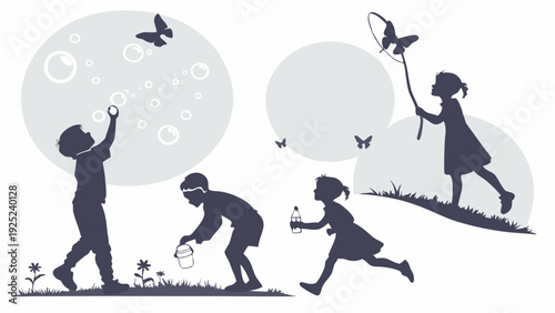 Children Silhouettes Playing Outdoors Catching Butterflies Blowing Bubbles Watering Flowers Summer Fun Childhood Joy for Education Web Design